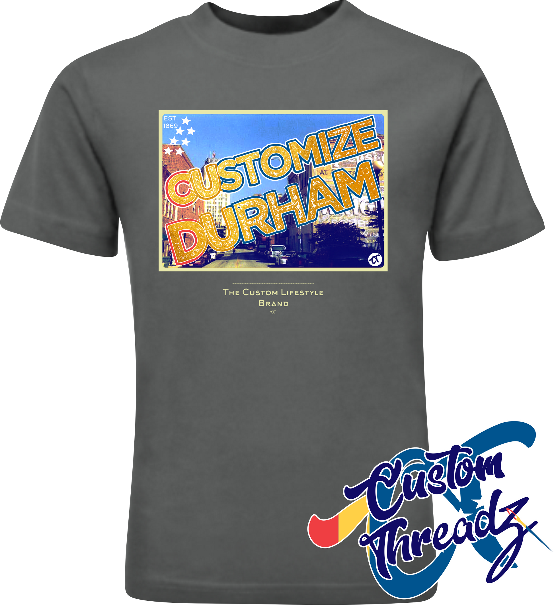 charcoal youth tee with customize durham nc DTG printed design