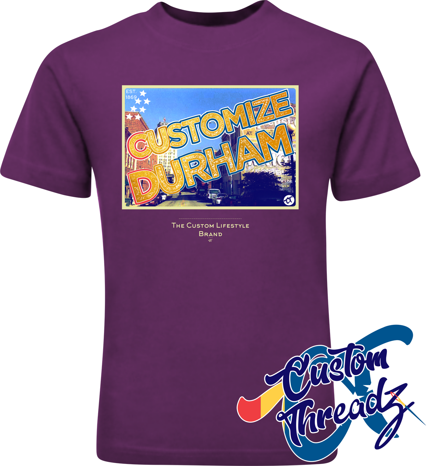purple tee with customize durham nc gold DTG printed design