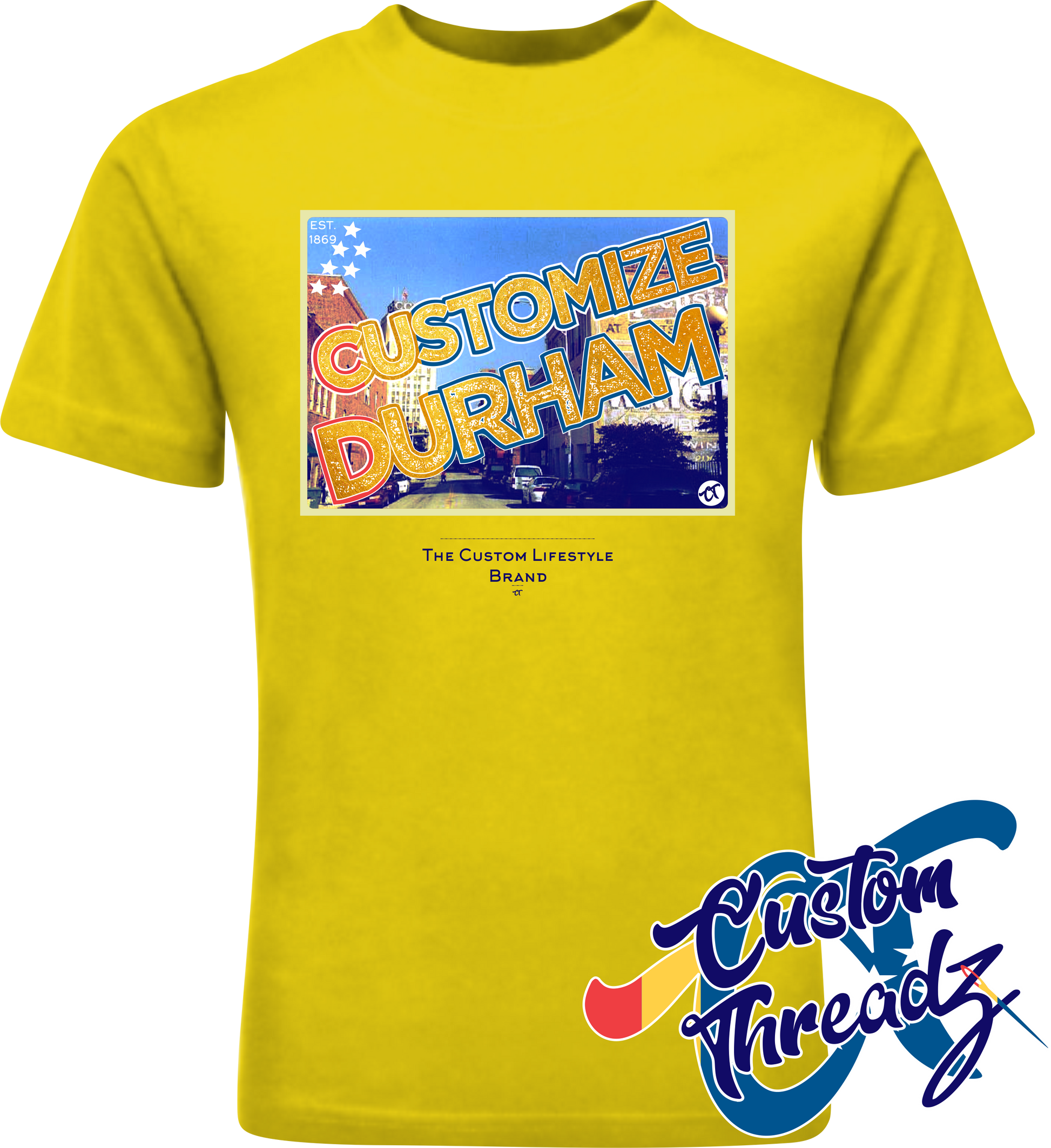 yellow tee with customize durham nc gold DTG printed design