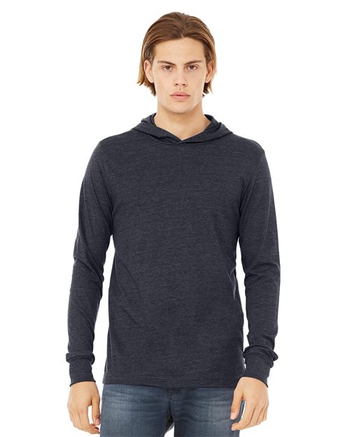 male model wearing bella+canvas hooded long sleeve tee in heather navy