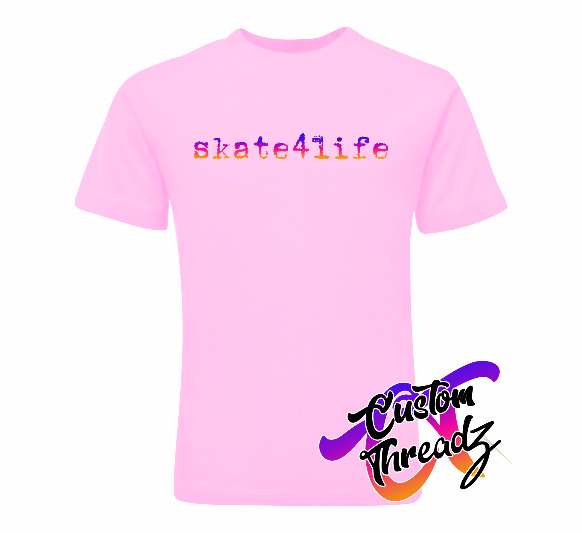 pink youth tee with youth 2019 skate4life gradient DTG printed design