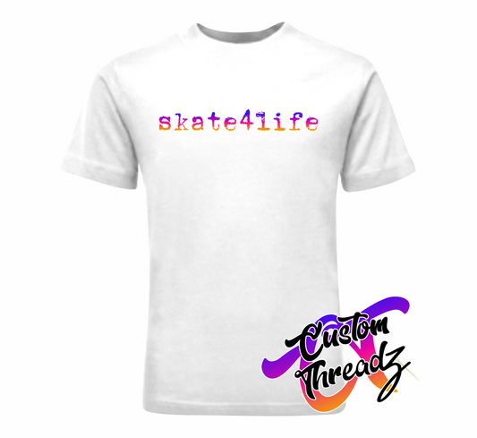 white youth tee with youth 2019 skate4life gradient DTG printed design