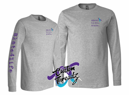 athletic heather grey youth long sleeve tee with youth 2020 skate4life speak live skate DTG printed design