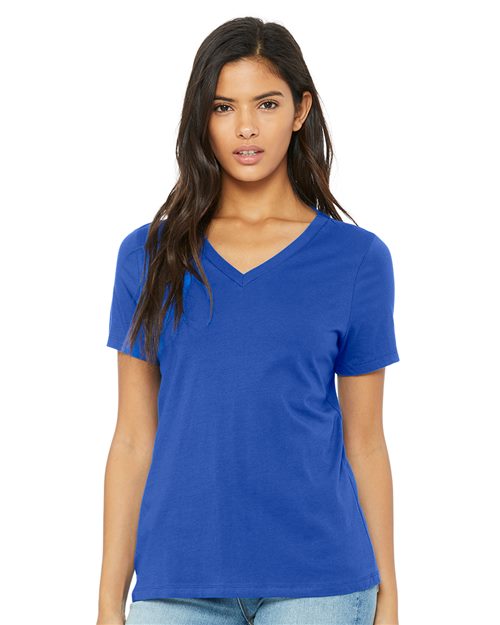 model wearing bella+canvas womens relaxed v-neck tee in true royal