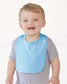  smiling baby wearing rabbit skins infant premium jersey bib in light blue