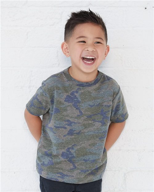 smiling child model wearing rabbit skins toddler jersey tee in vintage camo