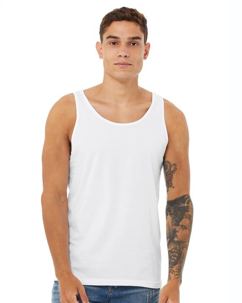 male model wearing bella+canvas unisex tank top in white