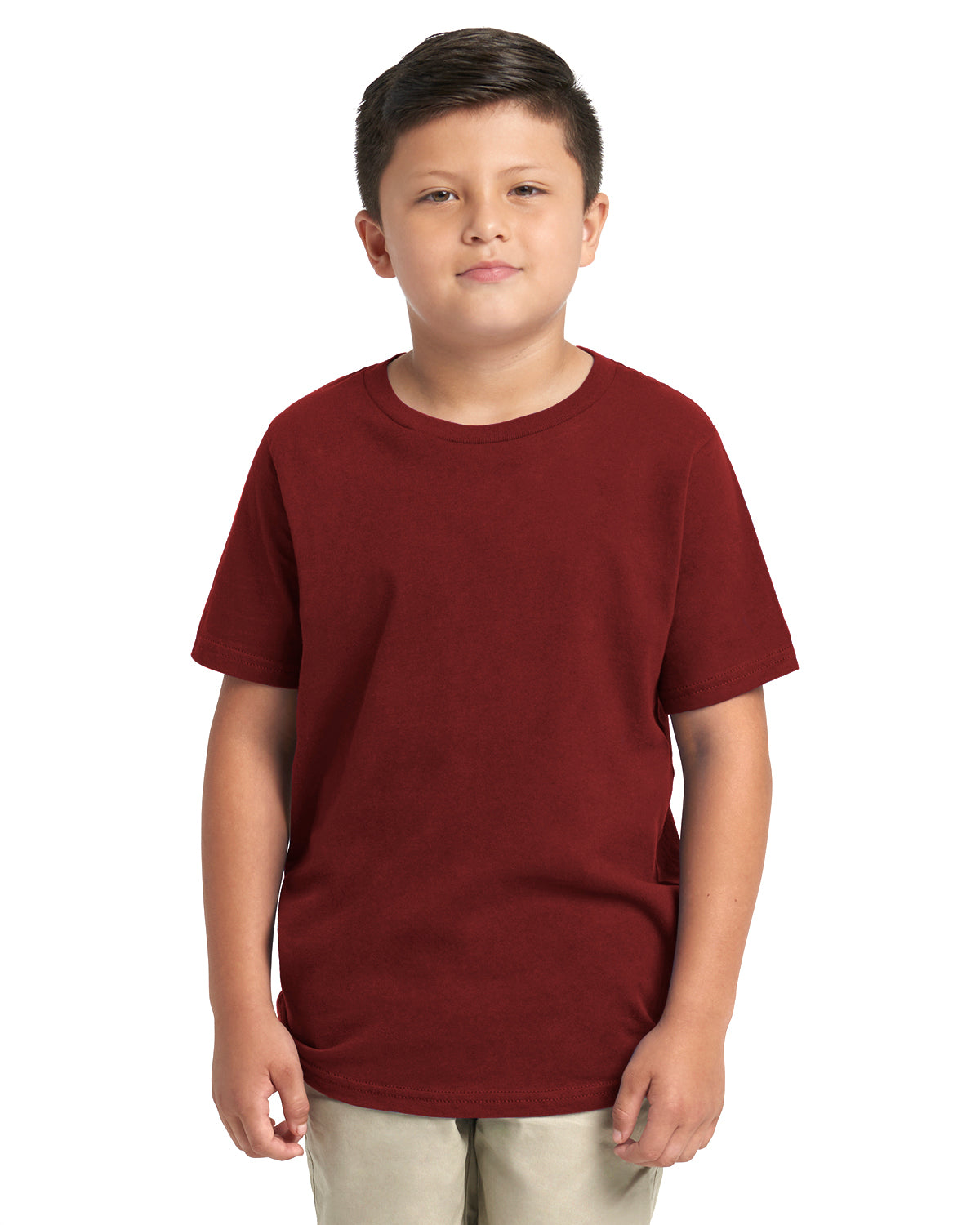 child model wearing next level youth tee in cardinal red