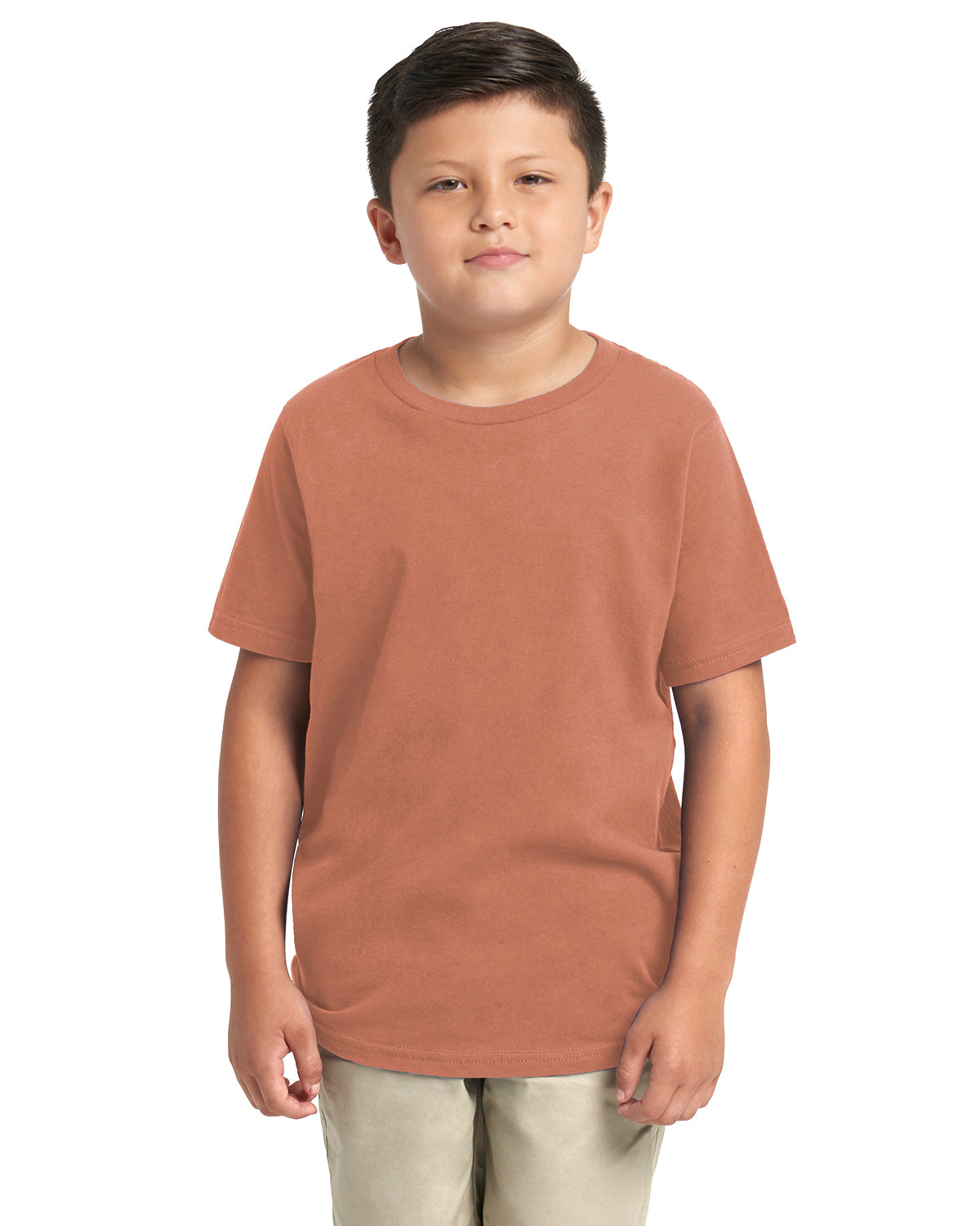 child model wearing next level youth tee in desert pink