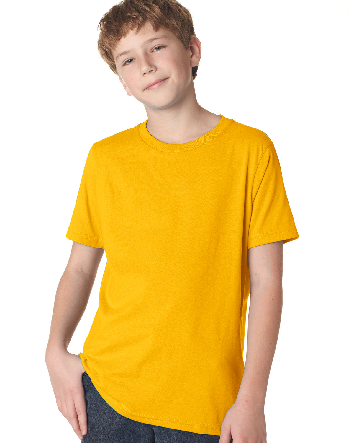 child model wearing next level youth tee in gold