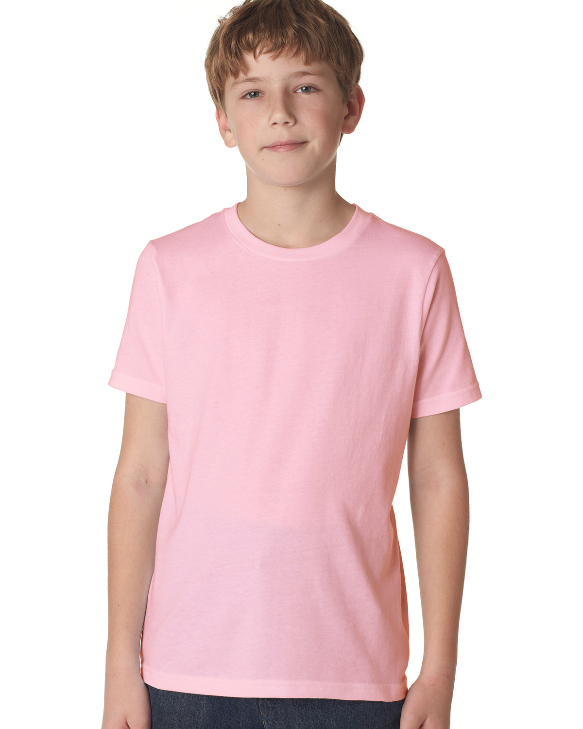 child model wearing next level youth tee in light pink