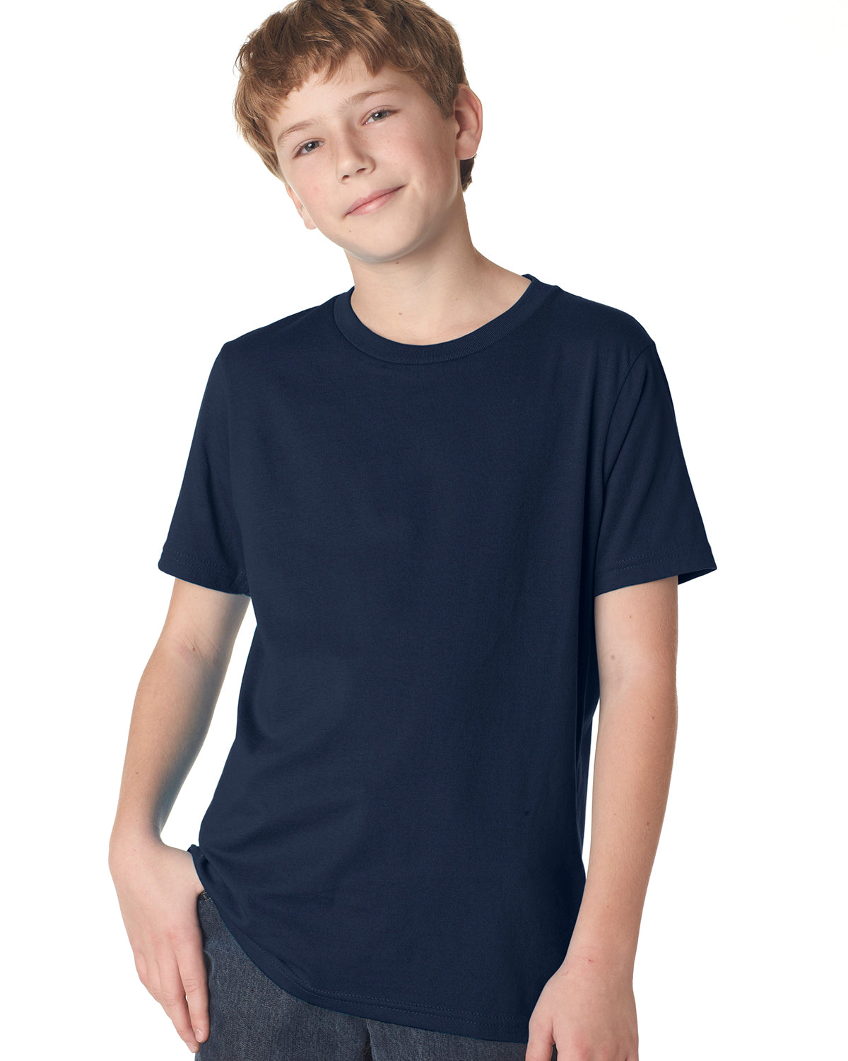 child model wearing next level youth tee in midnight navy