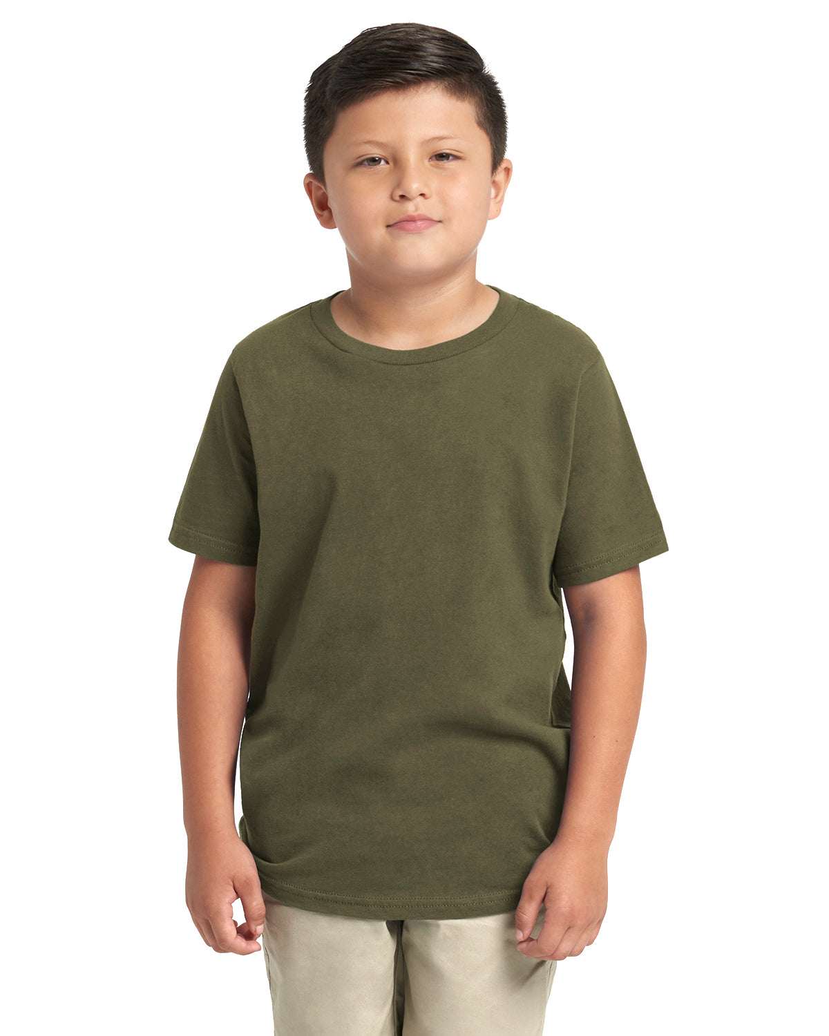 child model wearing next level youth tee in military green