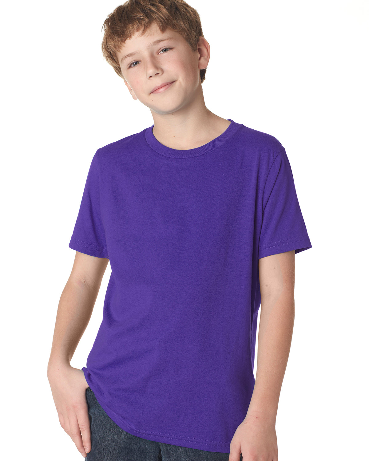 child model wearing next level youth tee in purple rush