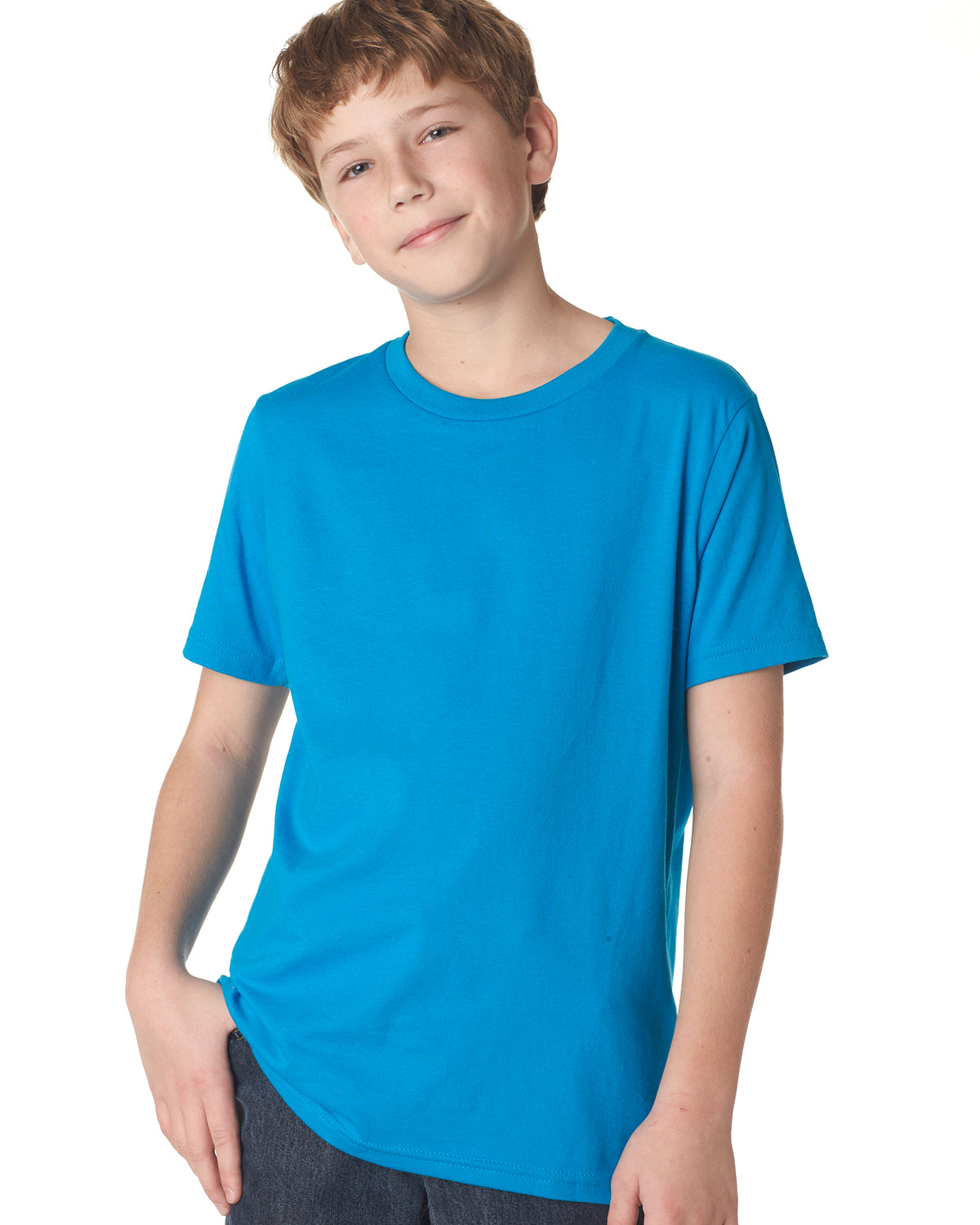 child model wearing next level youth tee in turquoise