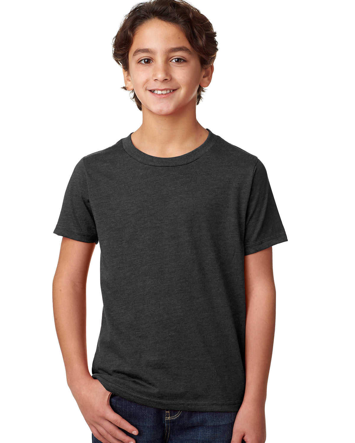 child model wearing next level youth CVC tee in charcoal