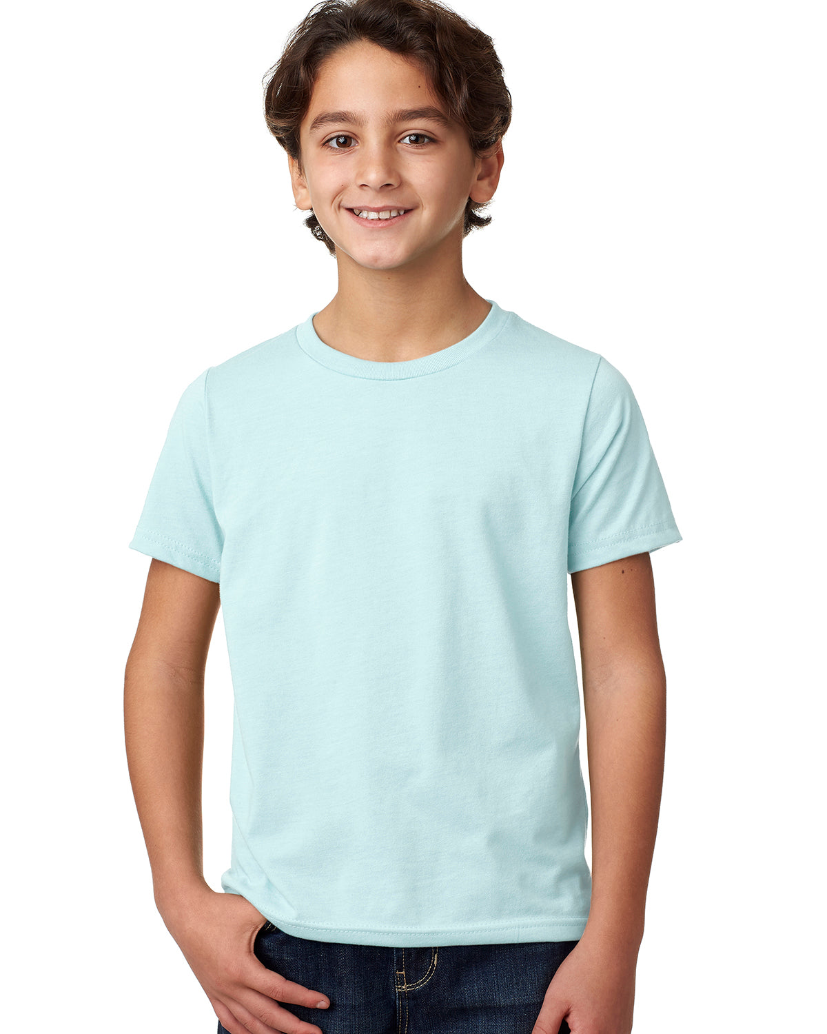 child model wearing next level youth CVC tee in ice blue