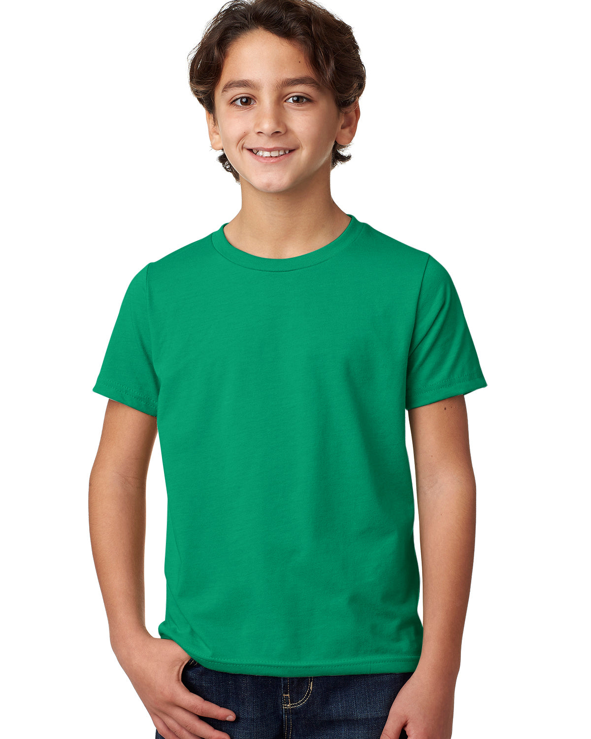 child model wearing next level youth CVC tee in kelly green