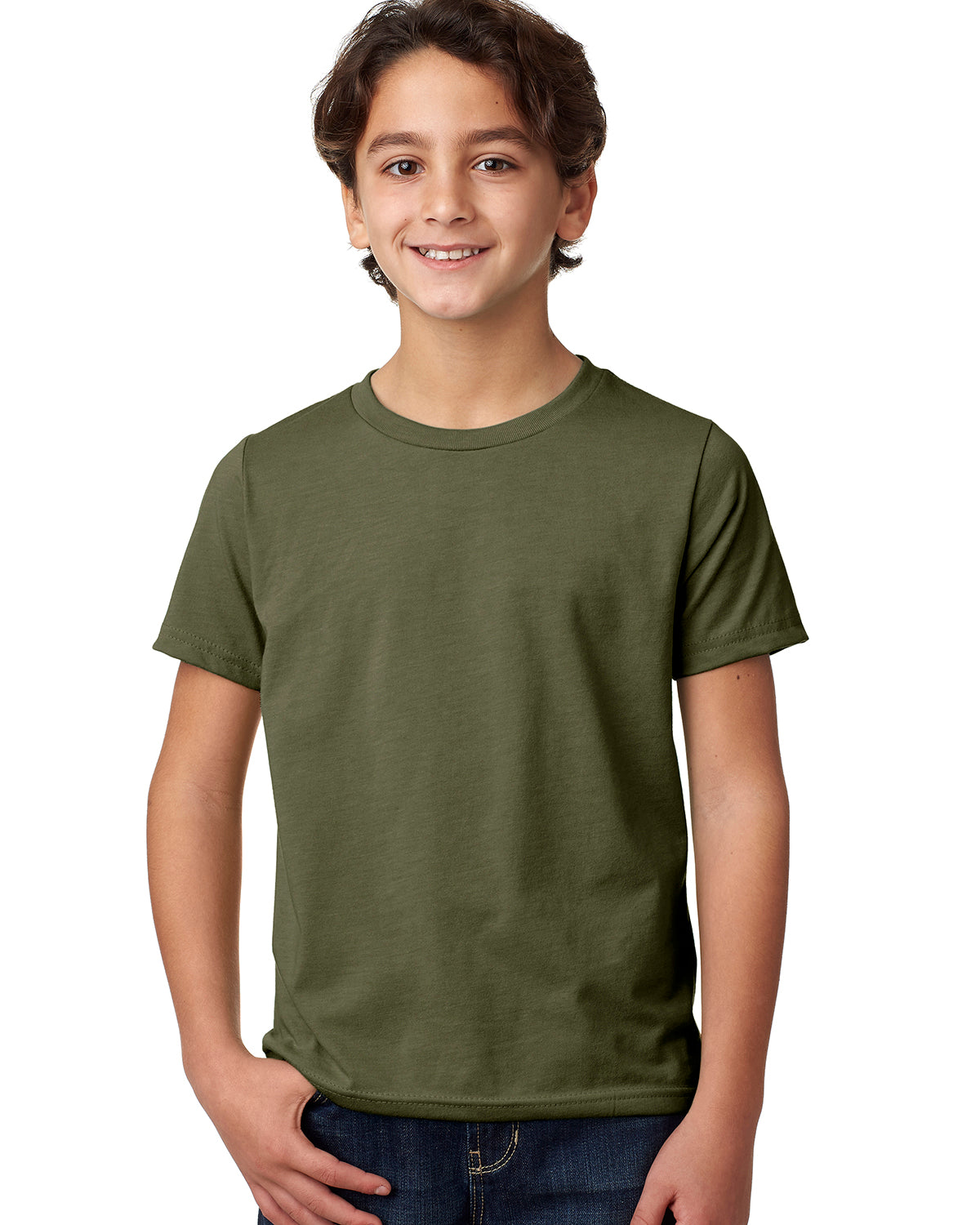 child model wearing next level youth CVC tee in military green