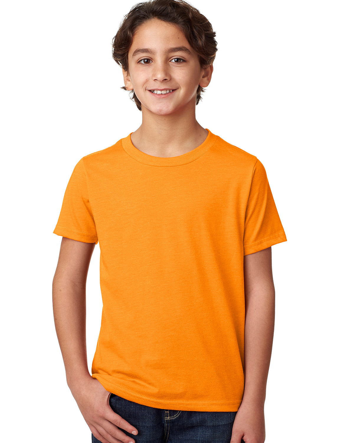 child model wearing next level youth CVC tee in orange