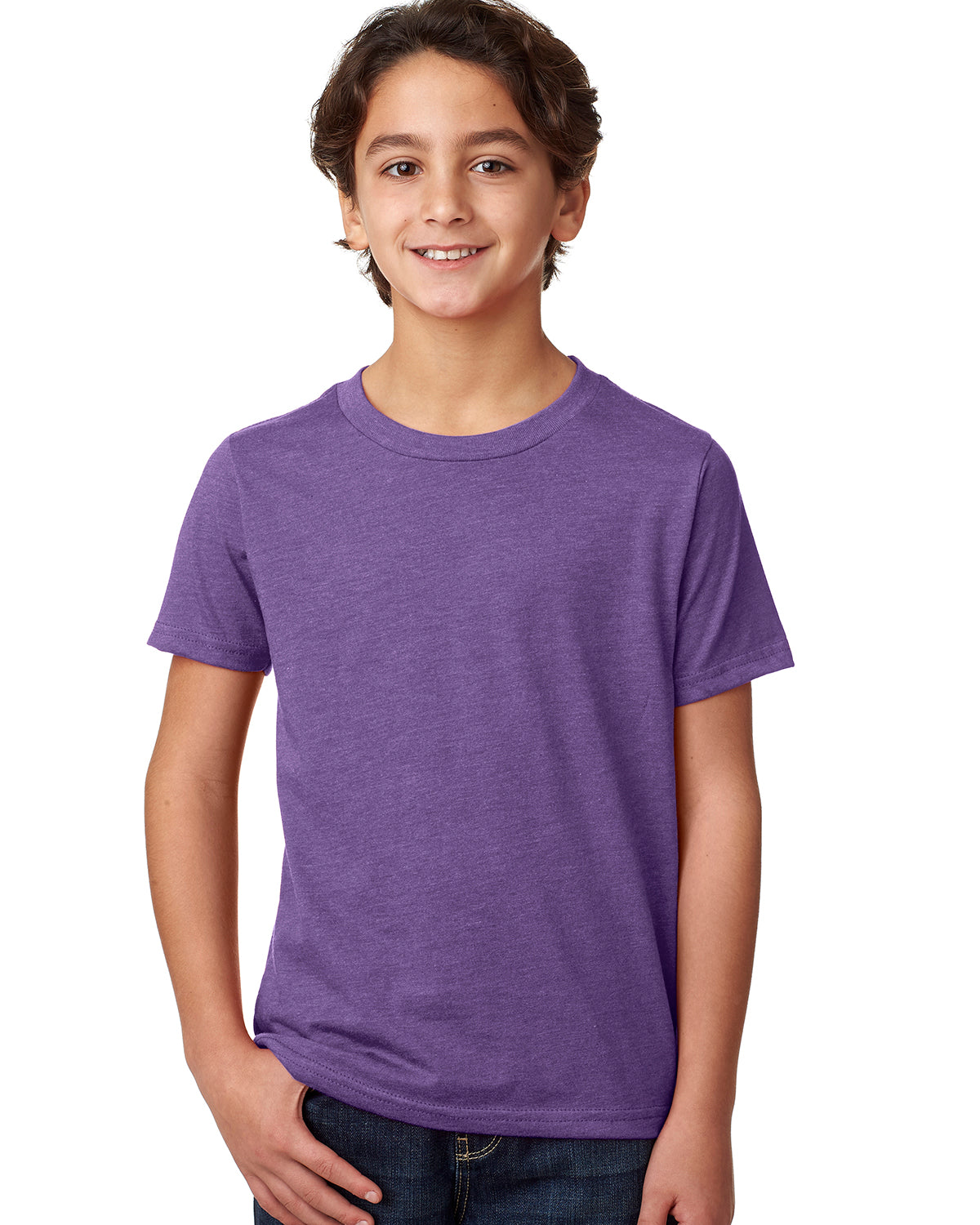 child model wearing next level youth CVC tee in purple rush
