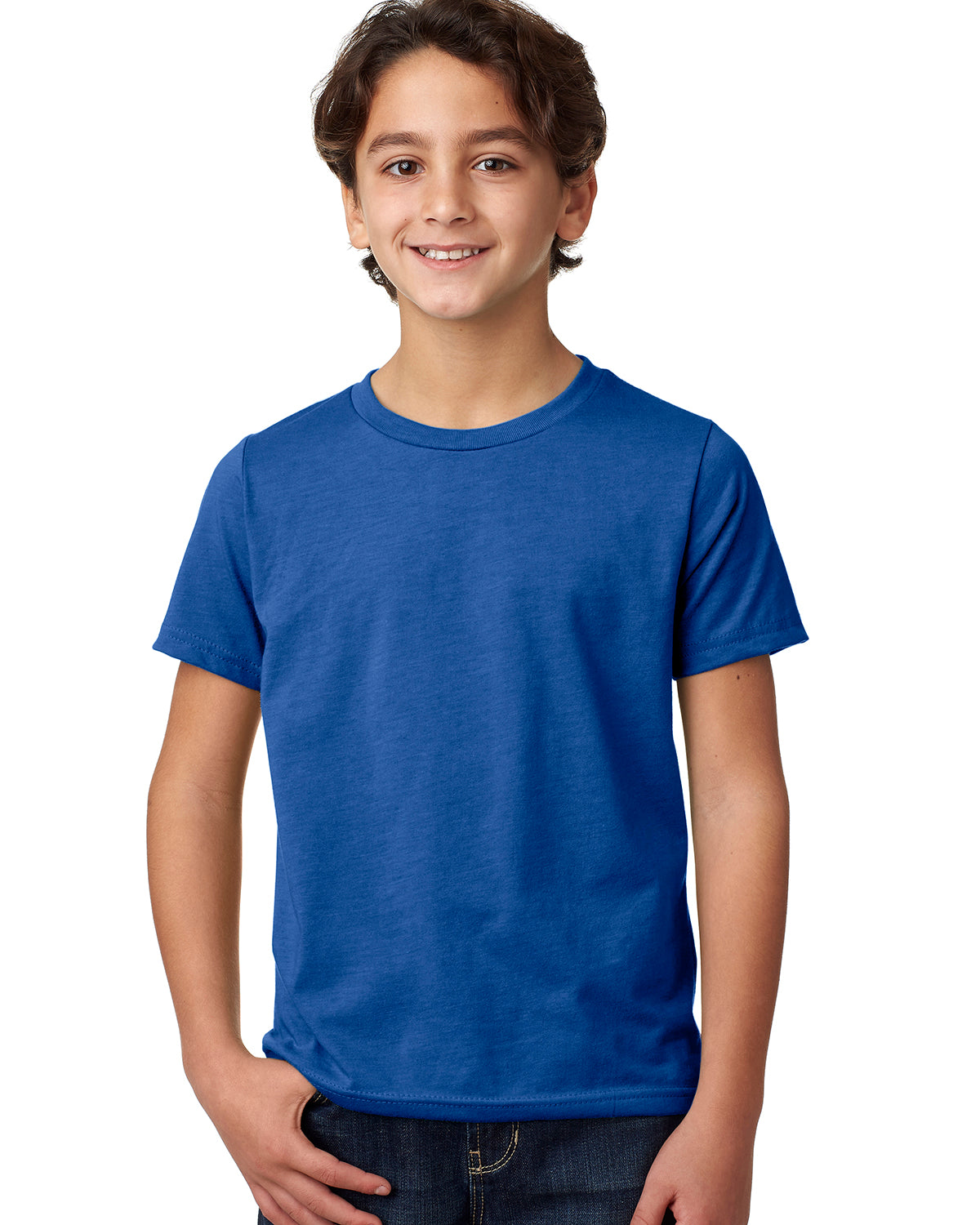 child model wearing next level youth CVC tee in royal blue