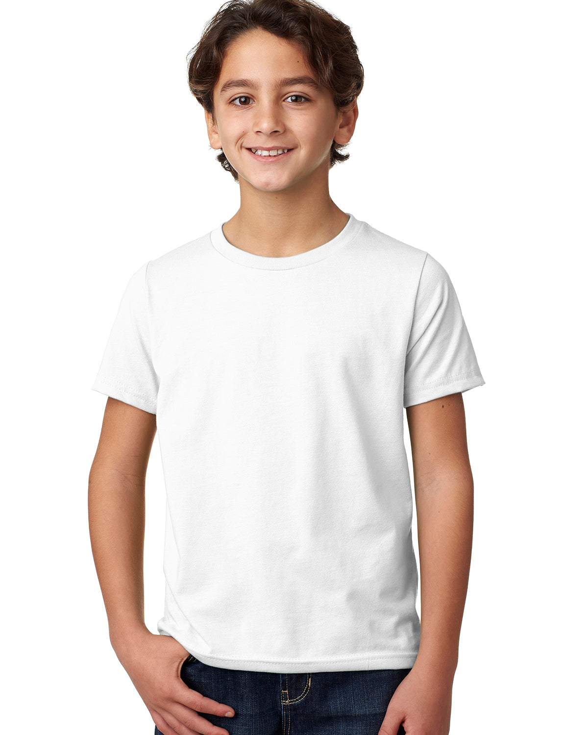 child model wearing next level youth CVC tee in white