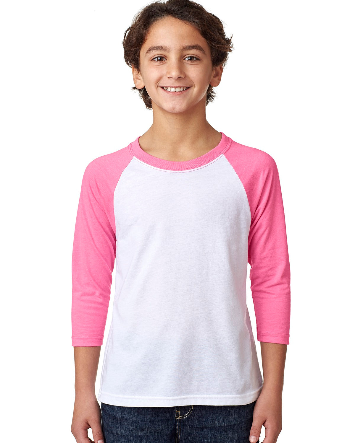 child model wearing next level youth 3/4 sleeve raglan tee in hot pink white