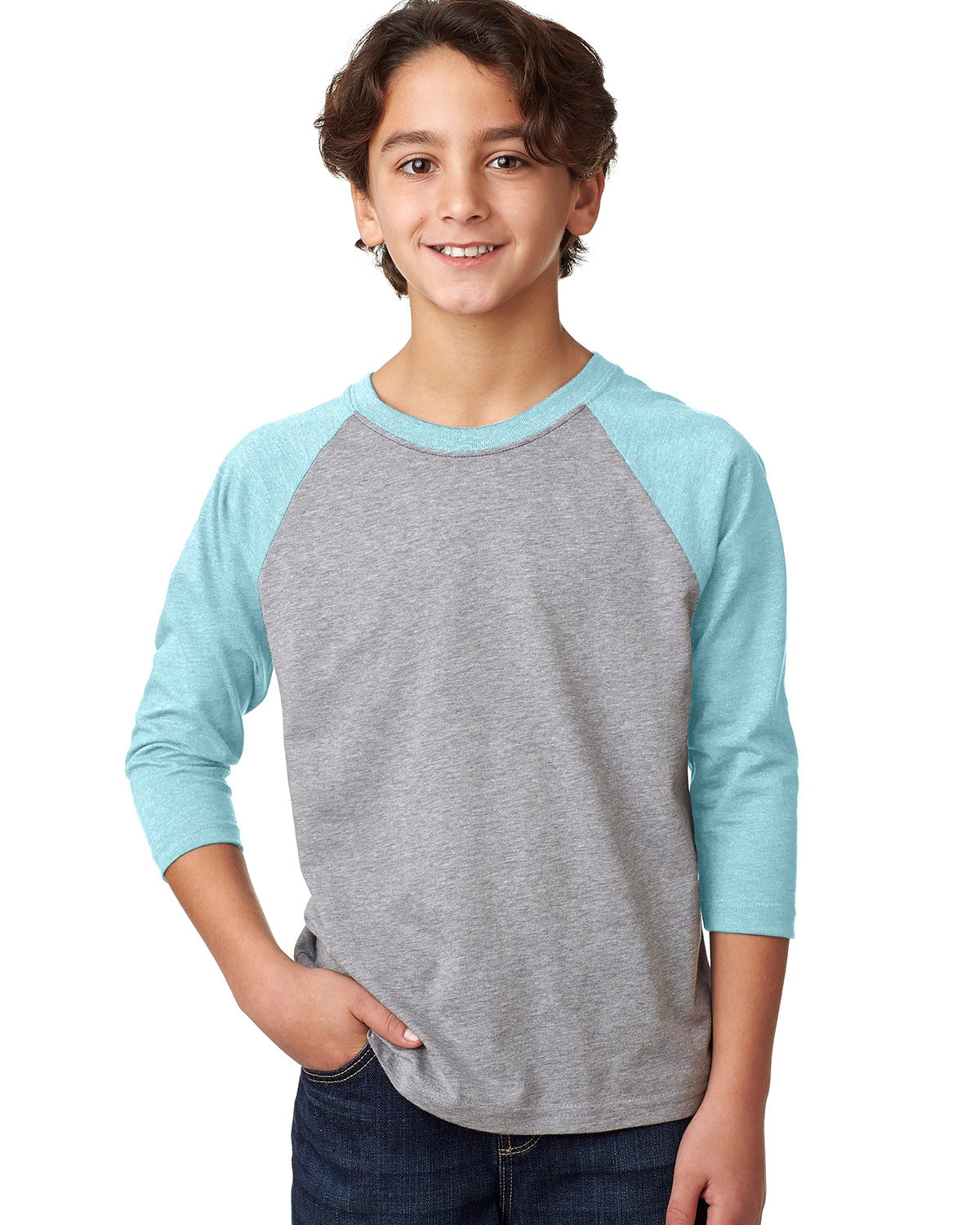 child model wearing next level youth 3/4 sleeve raglan tee in ice blue dark heather grey