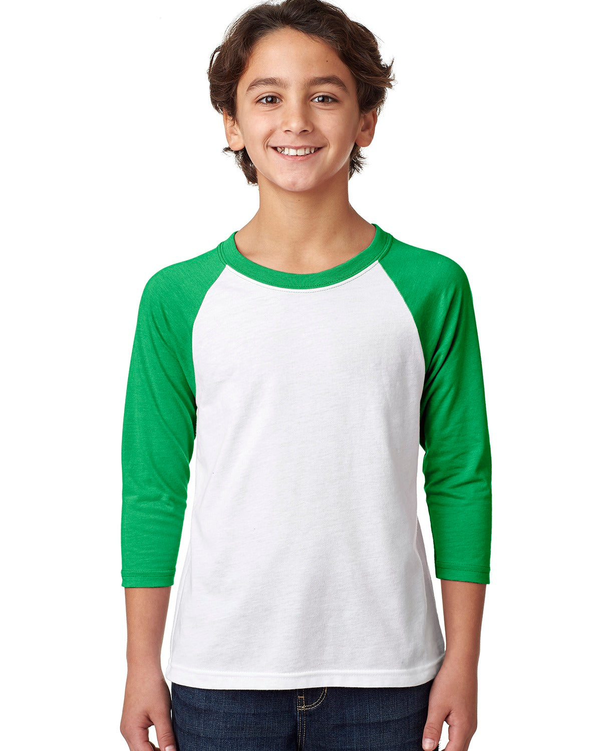 child model wearing next level youth 3/4 sleeve raglan tee in kelly white