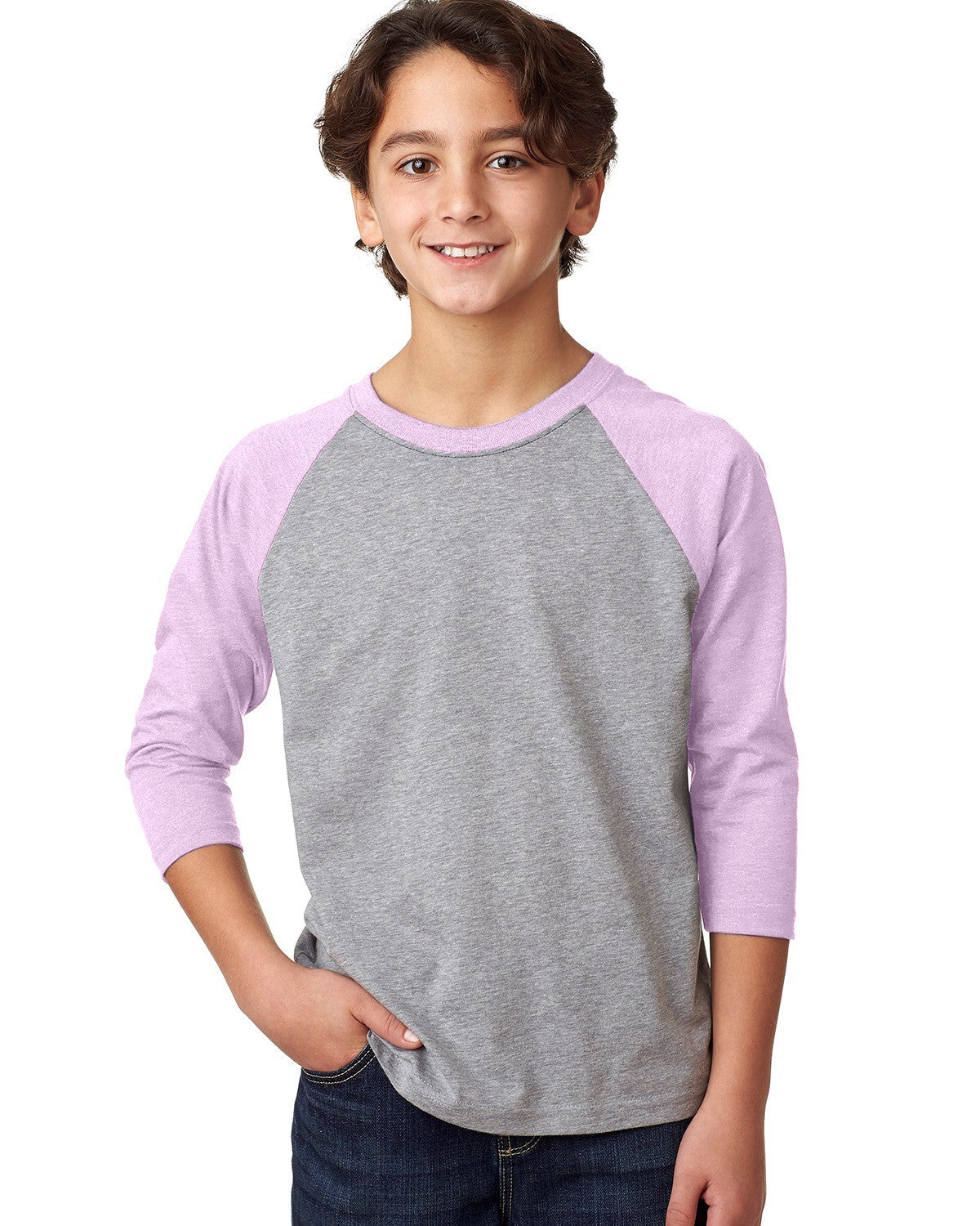 child model wearing next level youth 3/4 sleeve raglan tee in lilac dark heather grey