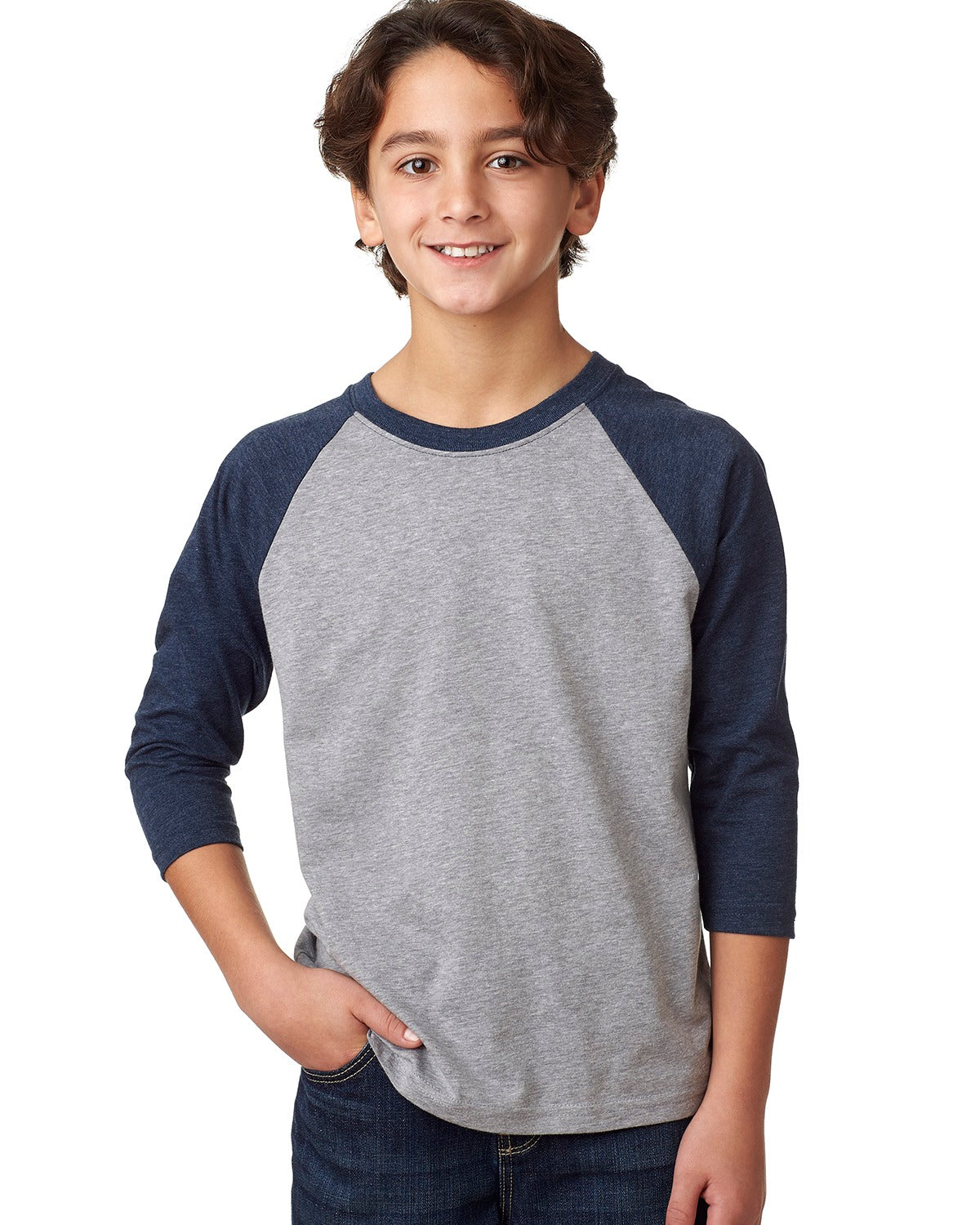 child model wearing next level youth 3/4 sleeve raglan tee in midnight navy dark heather grey