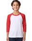 child model wearing next level youth 3/4 sleeve raglan tee in red white