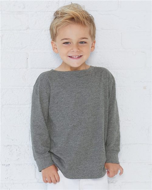 smiling child toddler wearing rabbit skins toddler long sleeve cotton jersey tee in granite heather