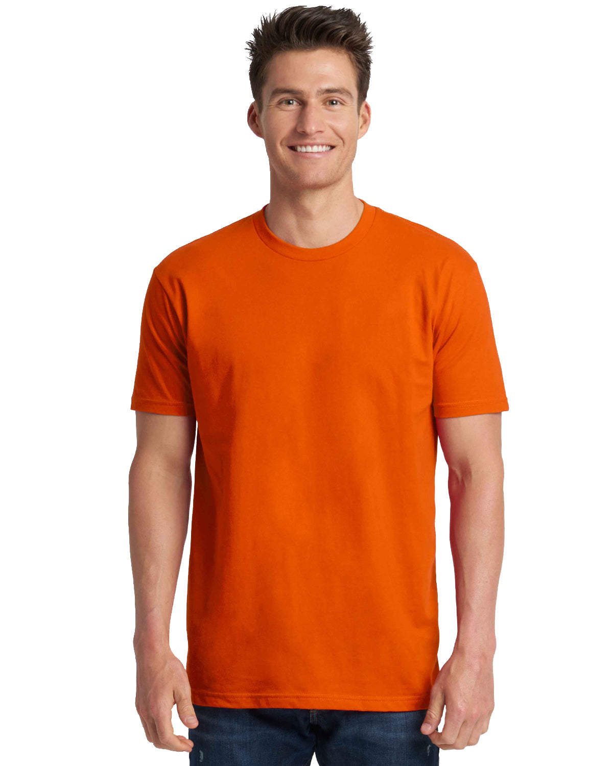 model wearing next level unisex cotton tee in classic orange