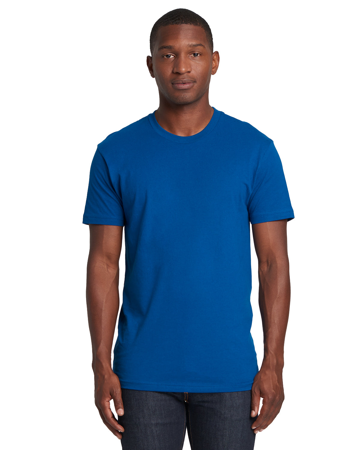 model wearing next level unisex cotton tee in cool blue