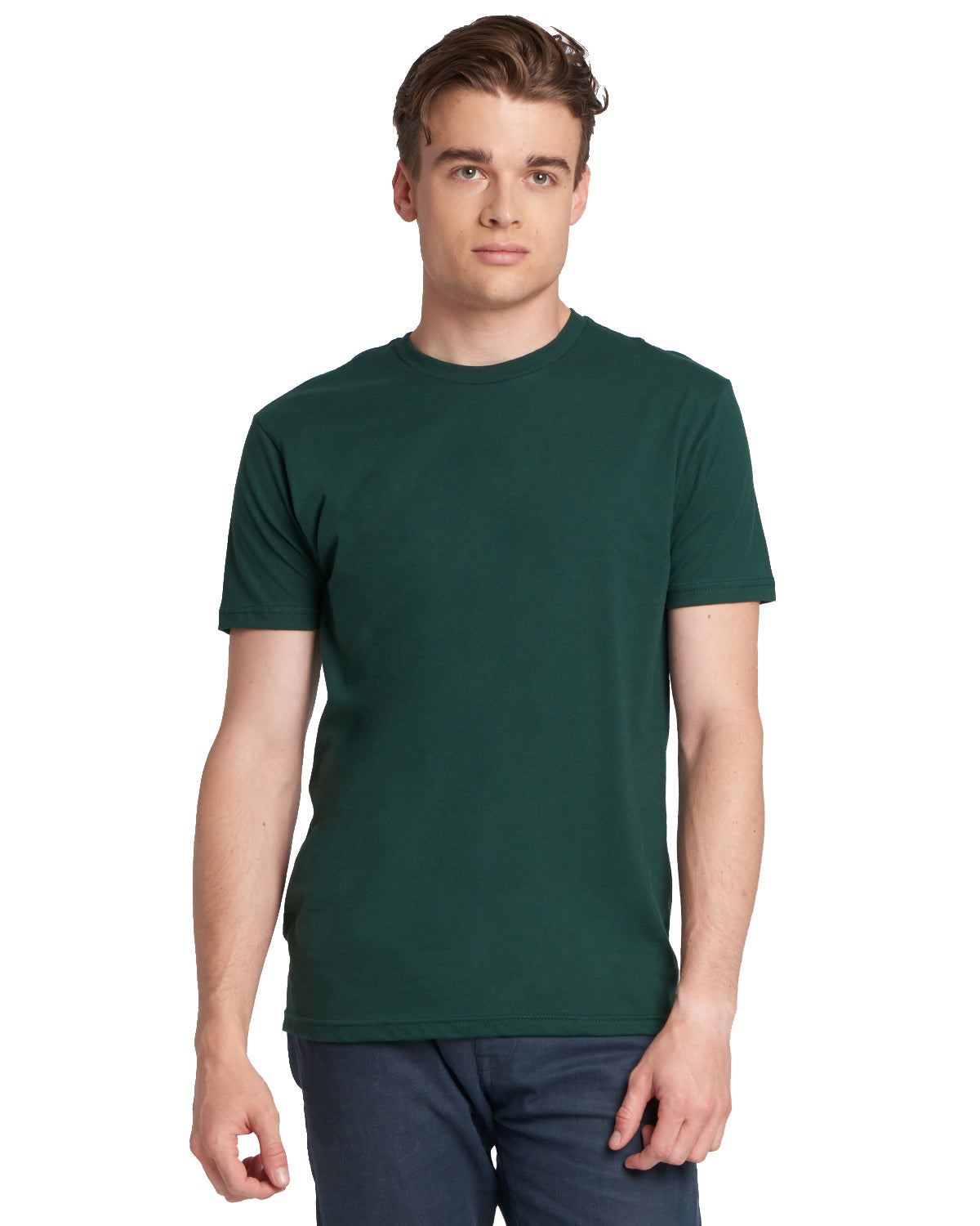 model wearing next level unisex cotton tee in forest green