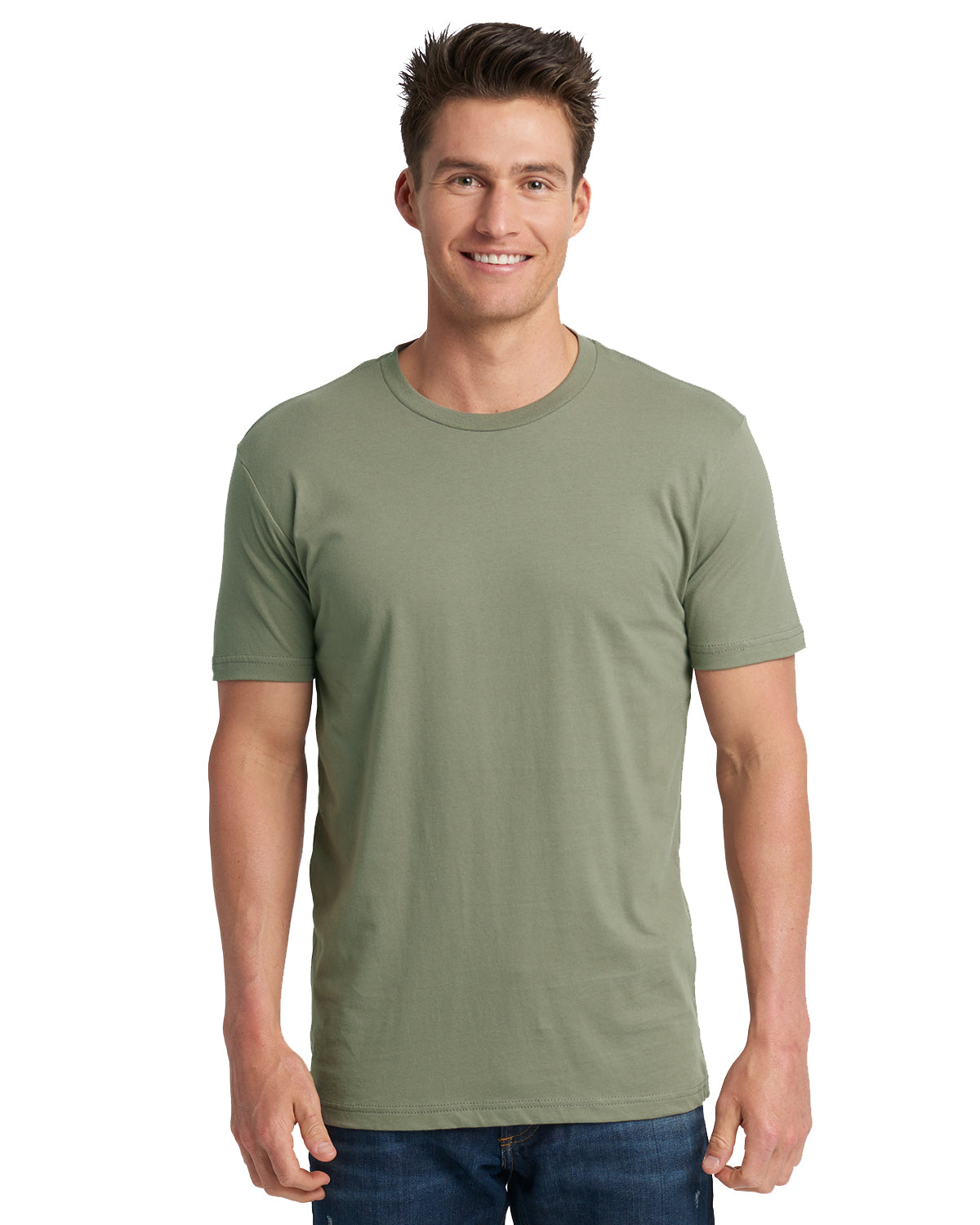 model wearing next level unisex cotton tee in light olive