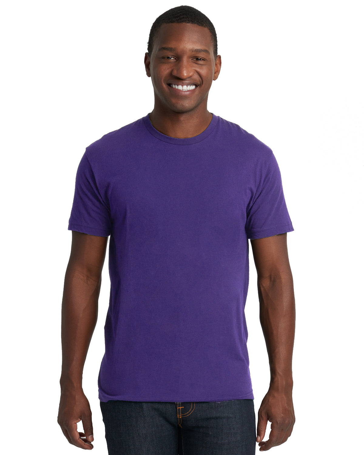 model wearing next level unisex cotton tee in purple rush