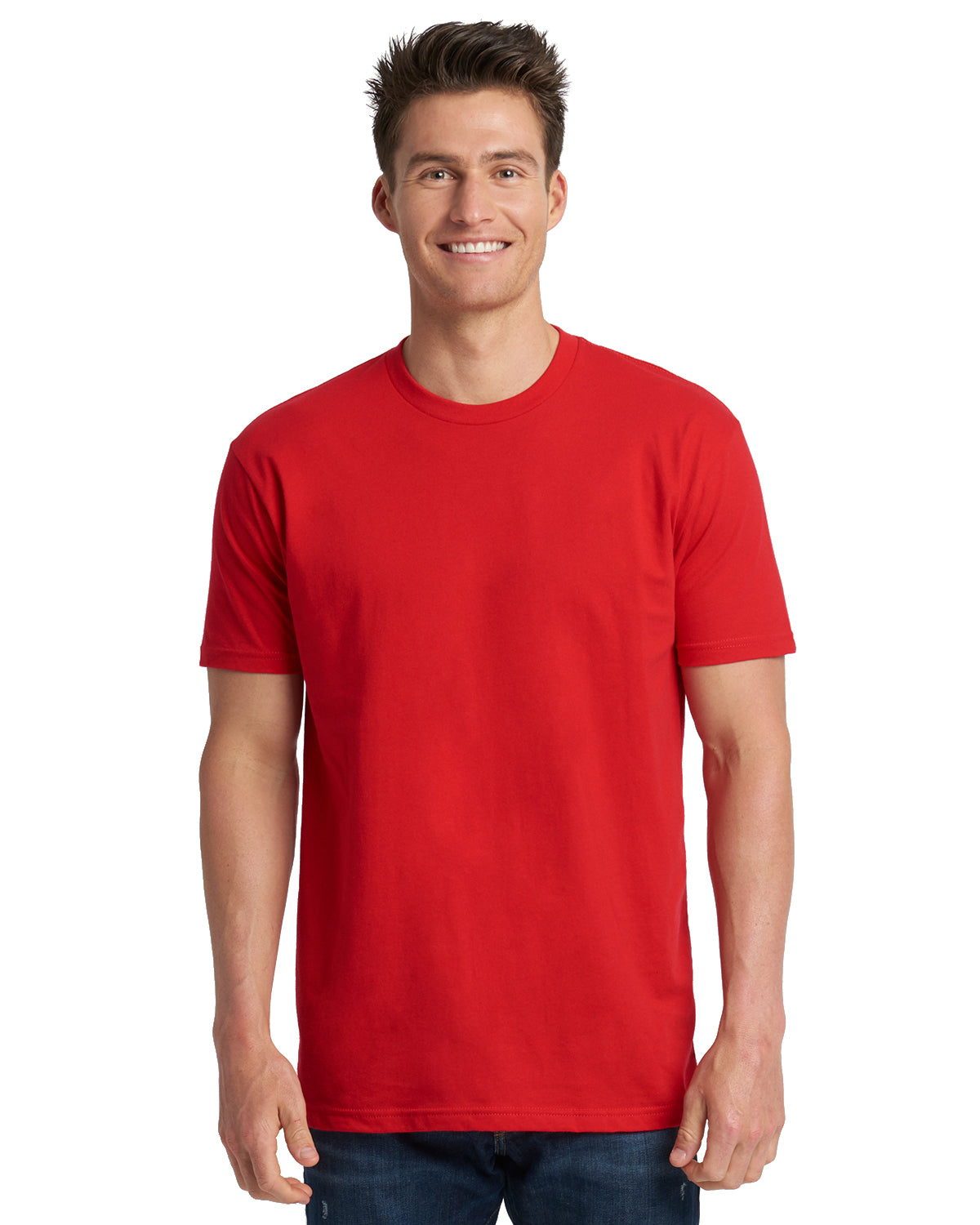 model wearing next level unisex cotton tee in red