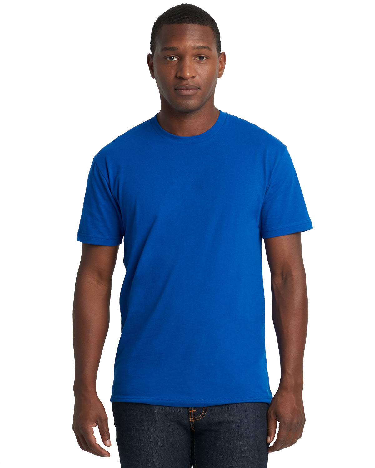 model wearing next level unisex cotton tee in royal blue