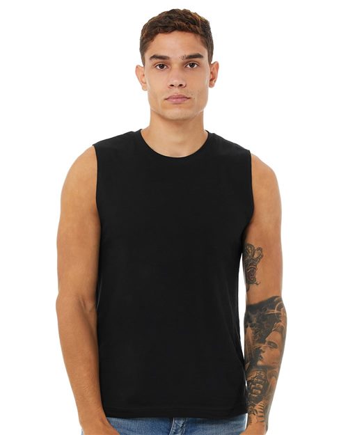 male model wearing bella+canvas muscle tank in black