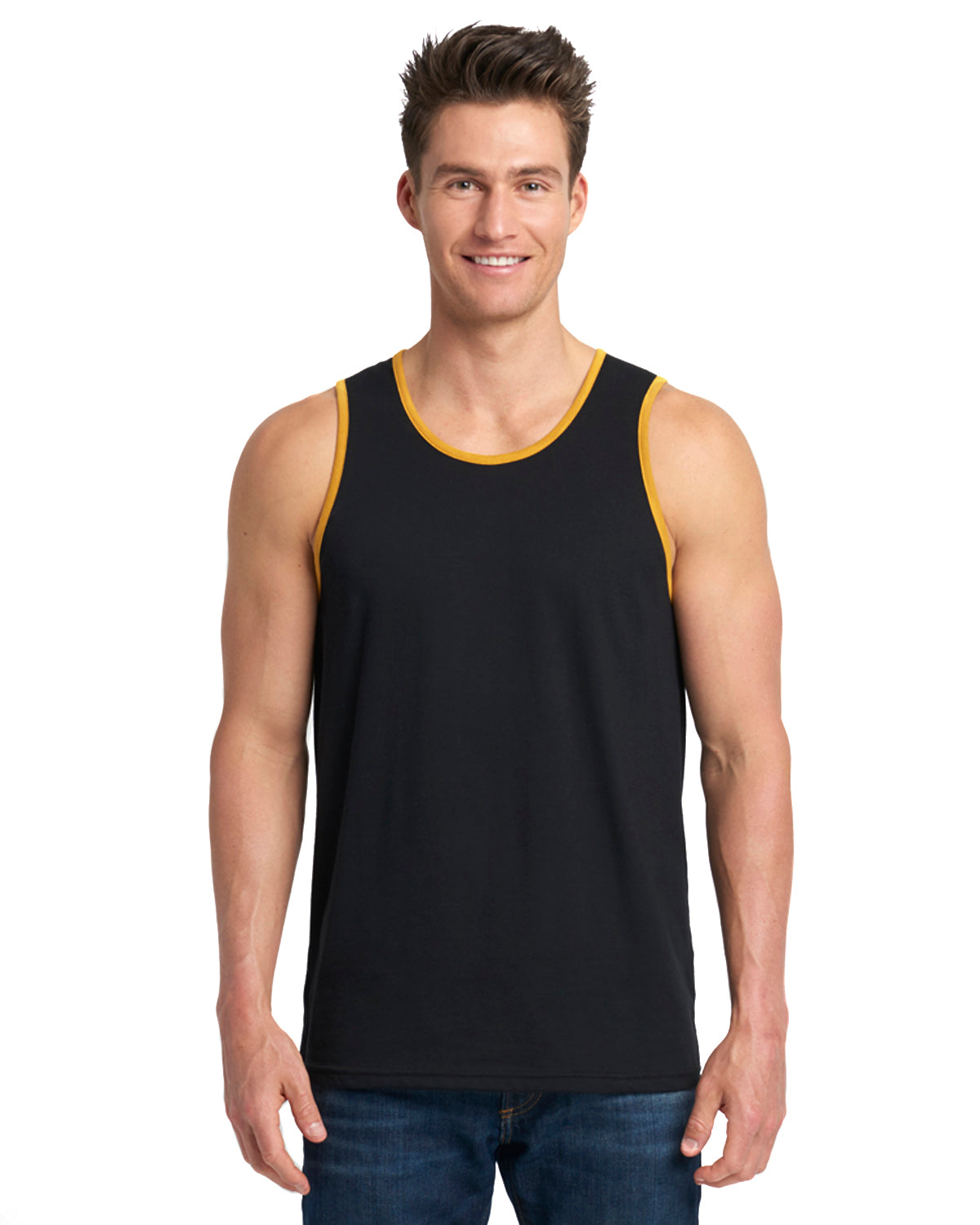 model wearing next level mens cotton tank top in black antique gold