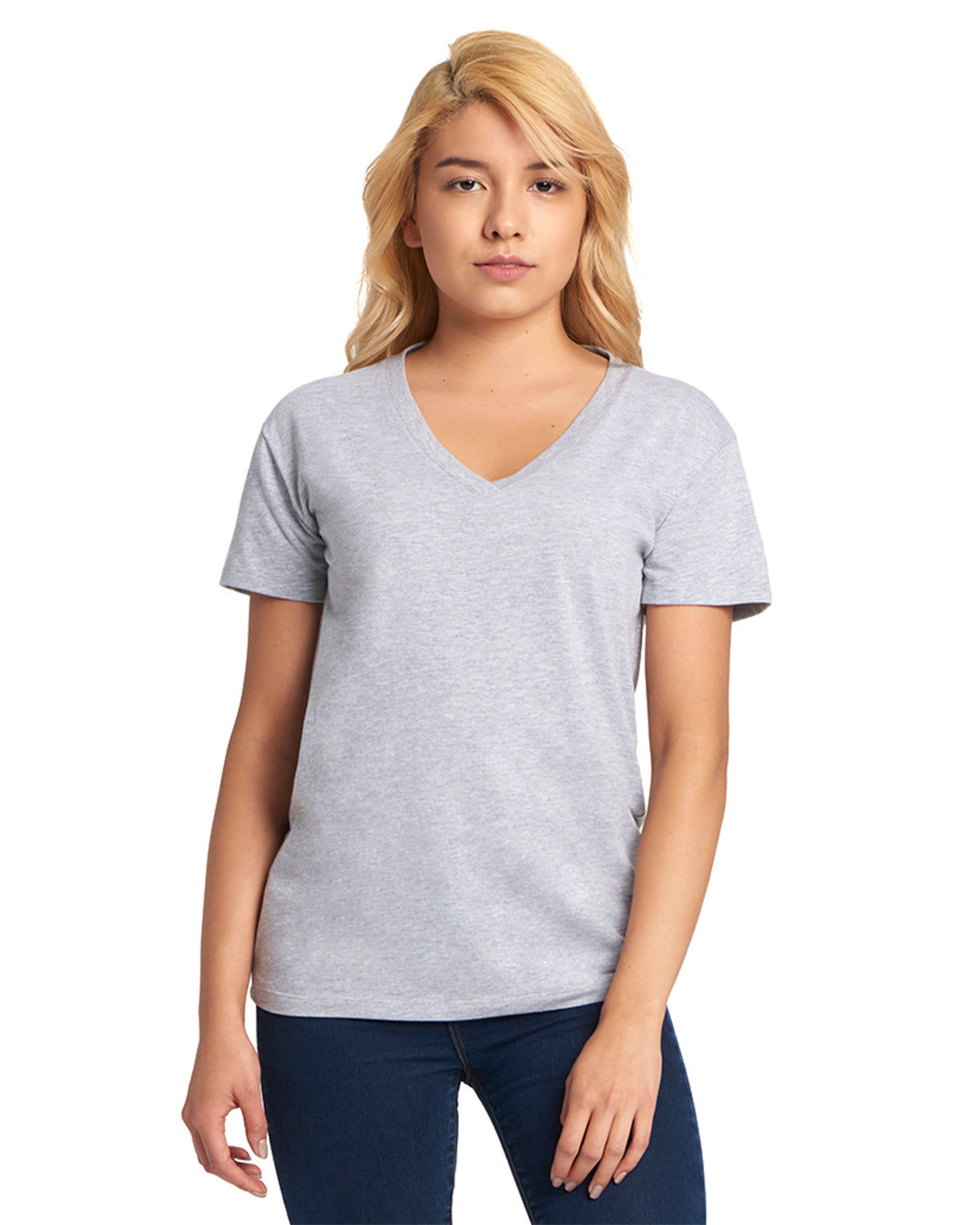 model wearing next level womens relaxed v-neck tee in heather grey