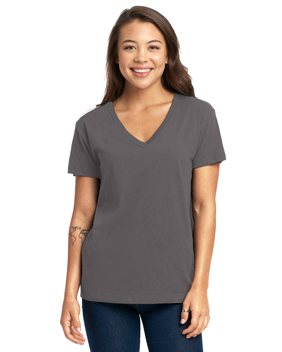 model wearing next level womens relaxed v-neck tee in heavy metal grey