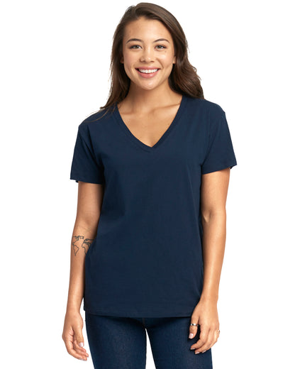 model wearing next level womens relaxed v-neck tee in midnight navy