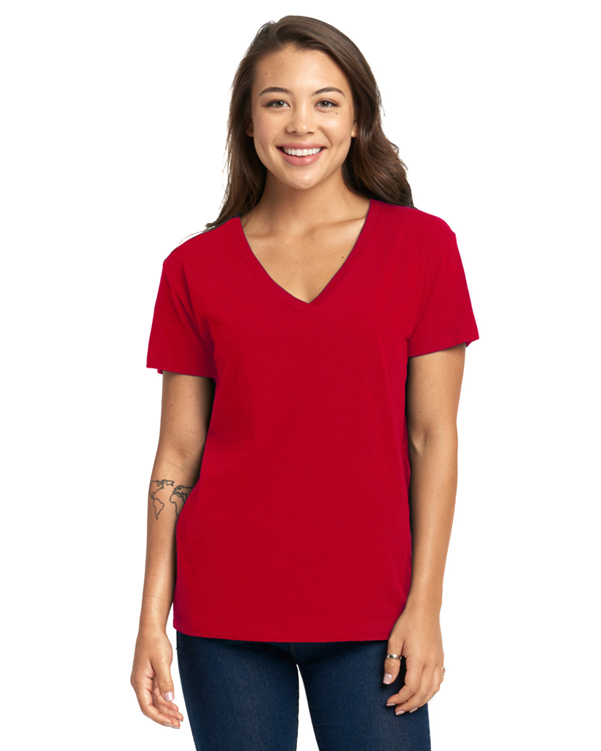 model wearing next level womens relaxed v-neck tee in red