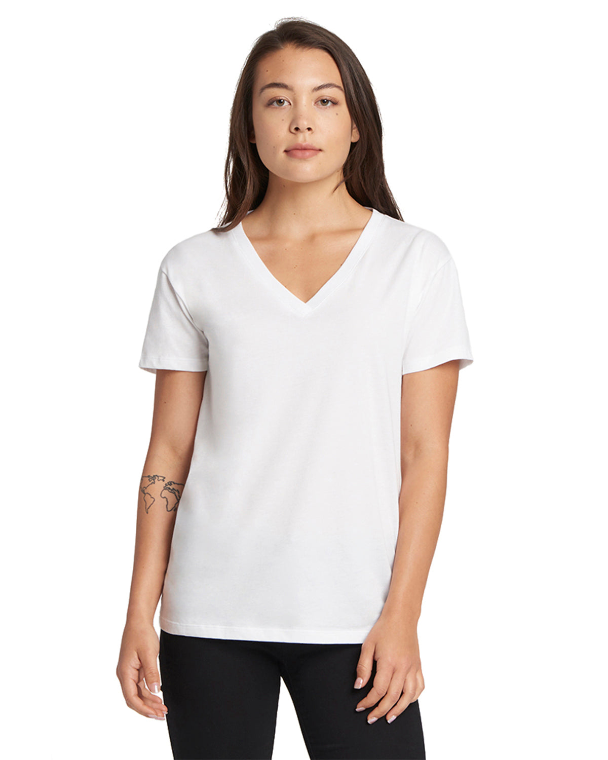 model wearing next level womens relaxed v-neck tee in white