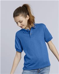 young girl wearing blue youth gildan dryblend polo
