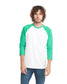 model wearing next level unisex CVC 3/4 sleeve raglan baseball tee in kelly green white